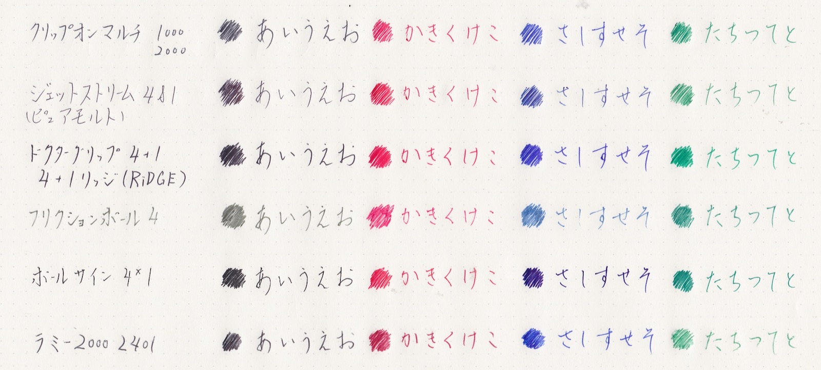4色ボールペンの色見本